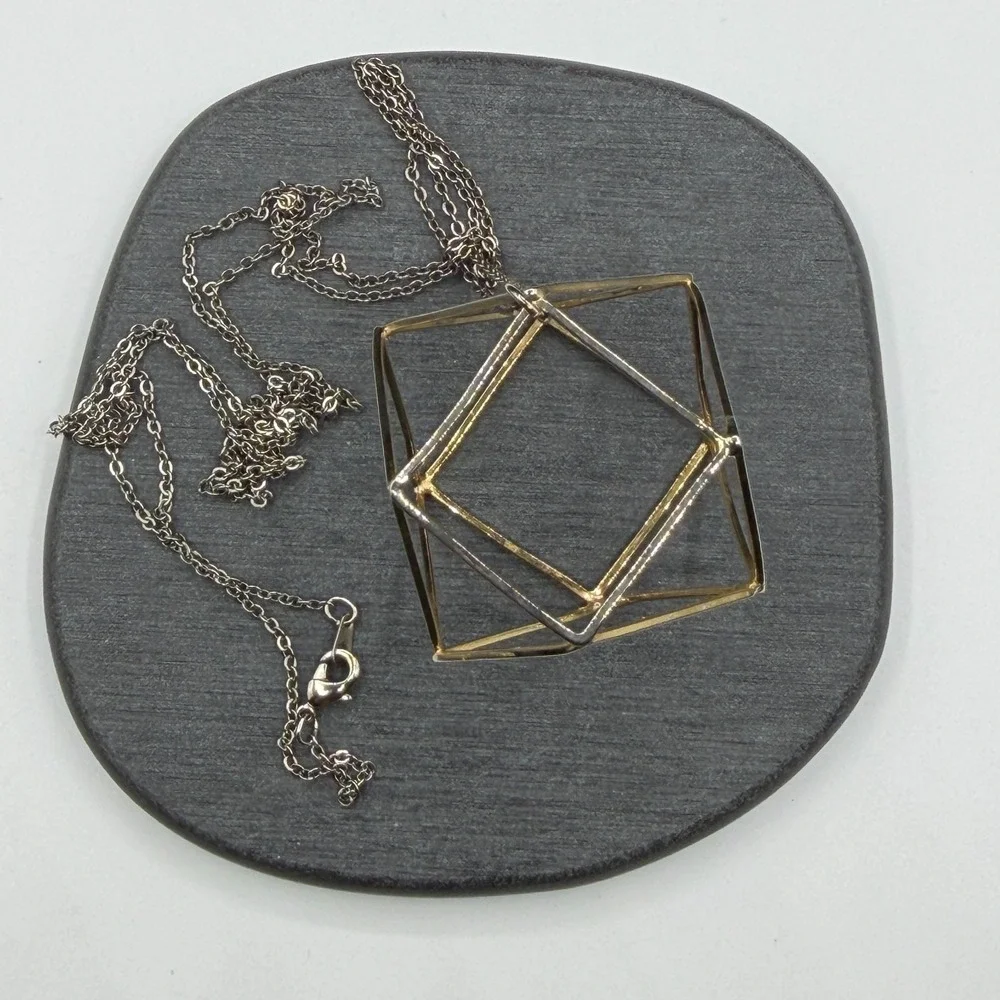 Two Tone Geometric Cube Pendant Necklace 3D Wireframe Modernist Statement Gift
